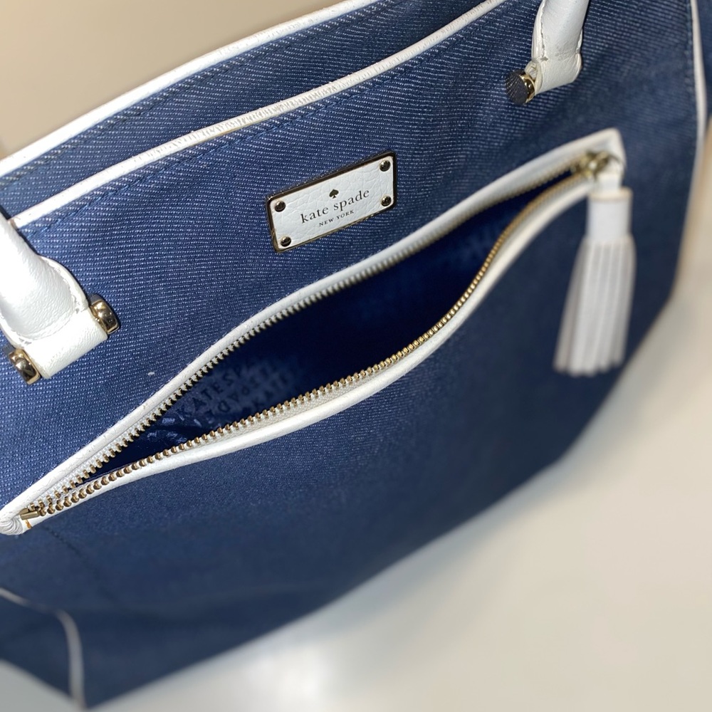 Kate Spade Denim tote with white leather trim